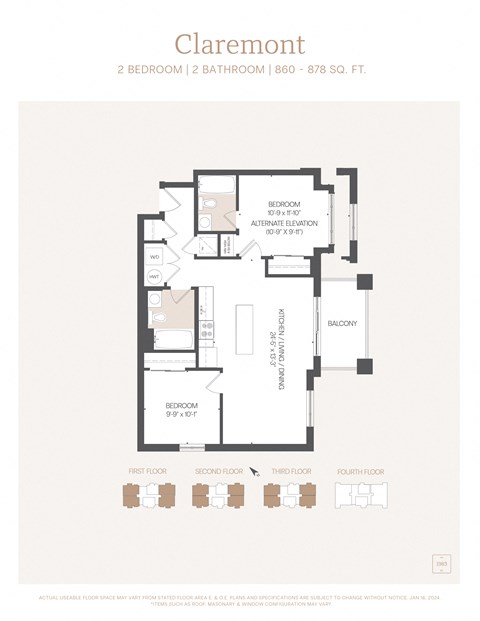 Floor plan for 2 beds, 2 baths, 878 sqft